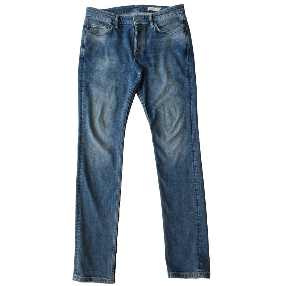 AllSaints Rex Slim Fit Jean Mens 32x33 Blue Distressed Denim Button Stretch FLAW